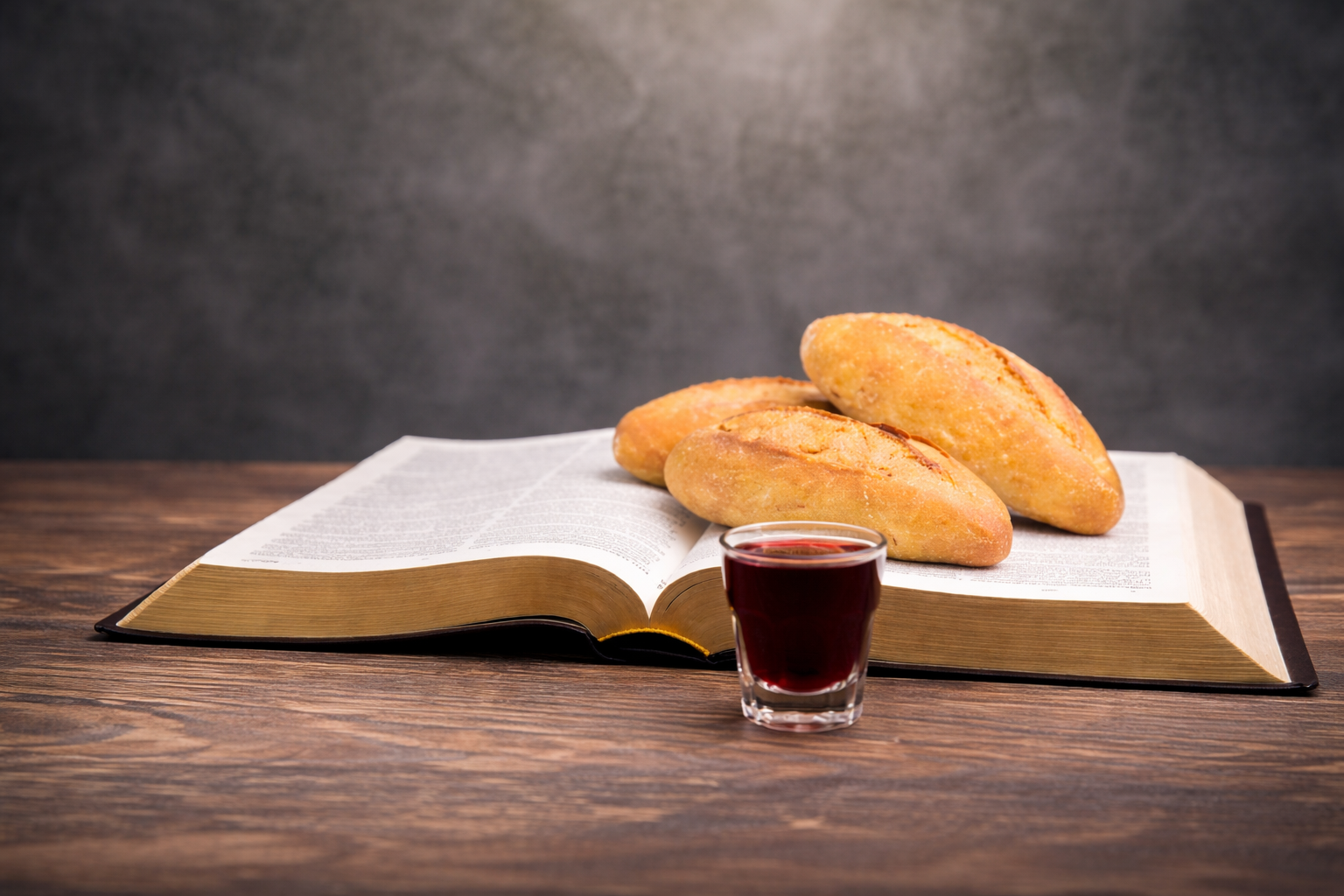 Bíblia aberta, pães e cálice
